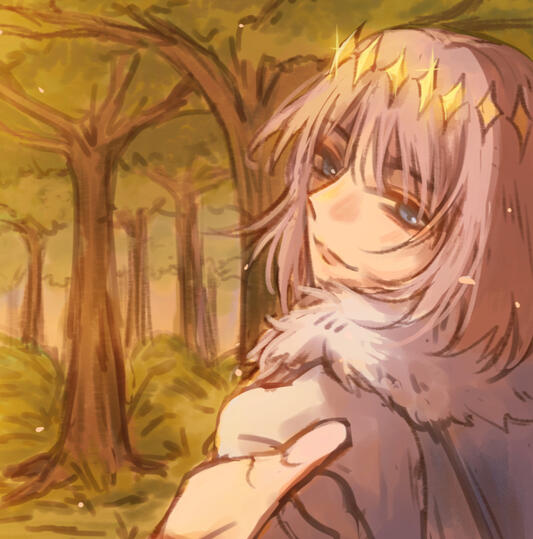 Oberon on path in forest.